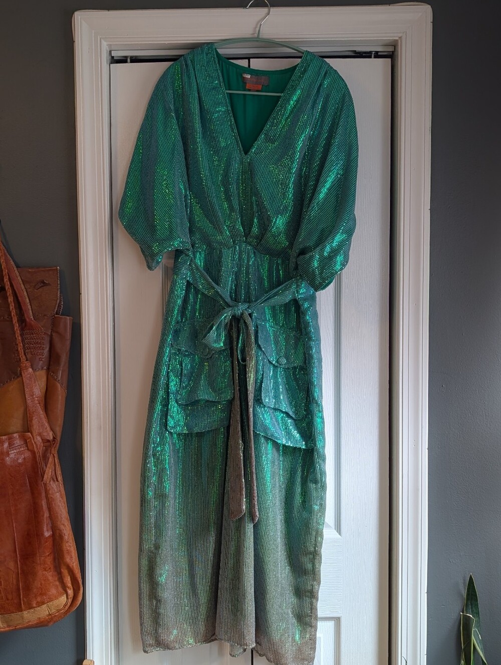 Green And Gold Sequin Anthropologie Tie Waist Dress